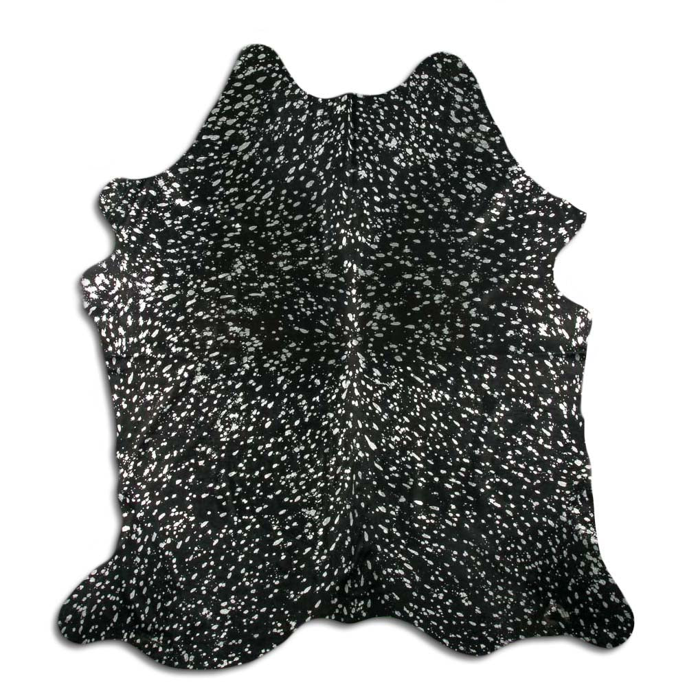 Authentic Leather Hides, Cowhide Area Rug, Black & Metallic Silver
