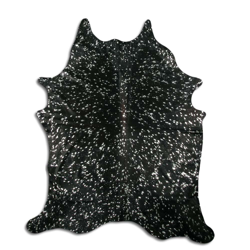 Authentic Leather Hides, Cowhide Area Rug, Black & Metallic Silver