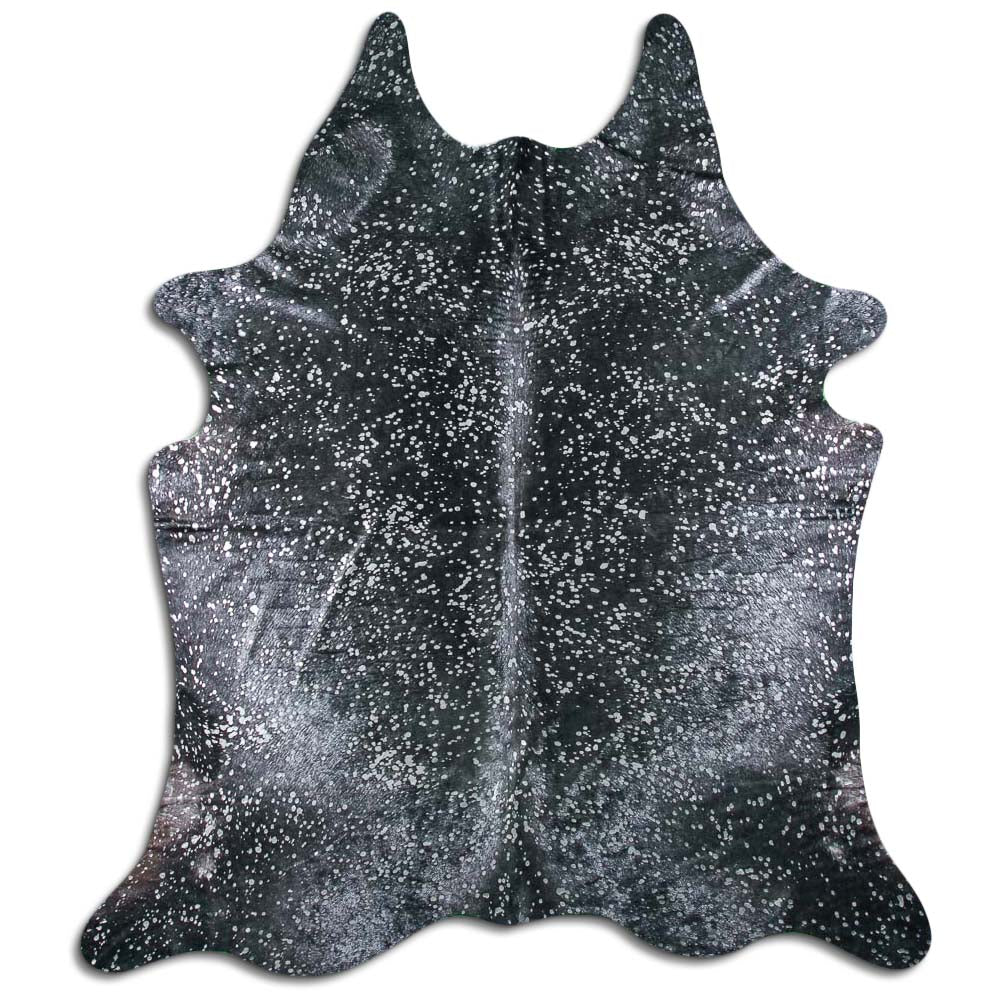 Authentic Leather Hides, Cowhide Area Rug, Black & Metallic Silver