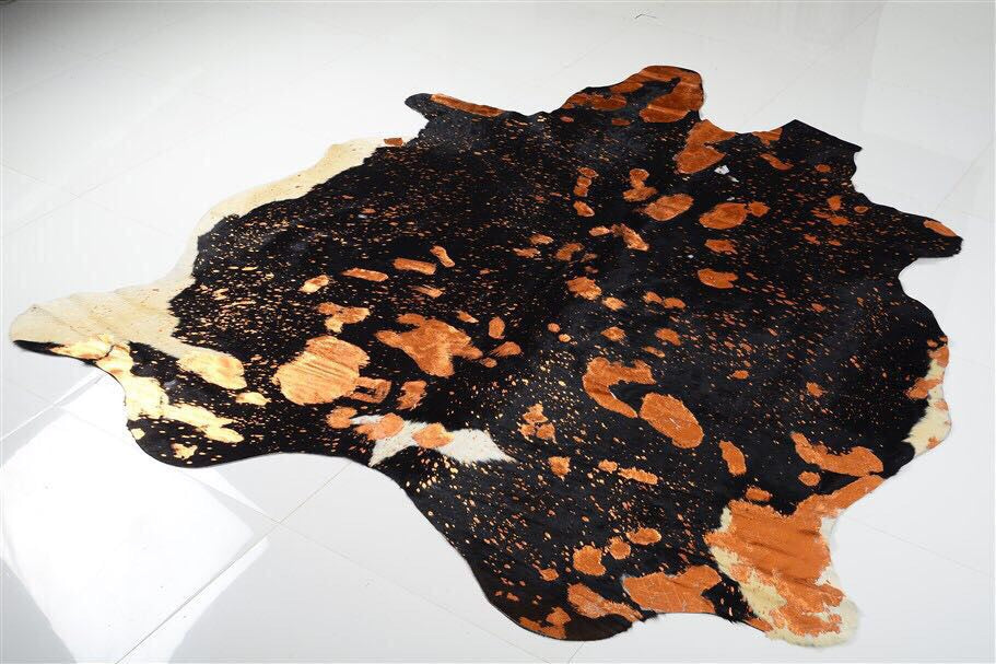 Authentic Leather Hides, Cowhide Area Rug, Black & Metallic Orange