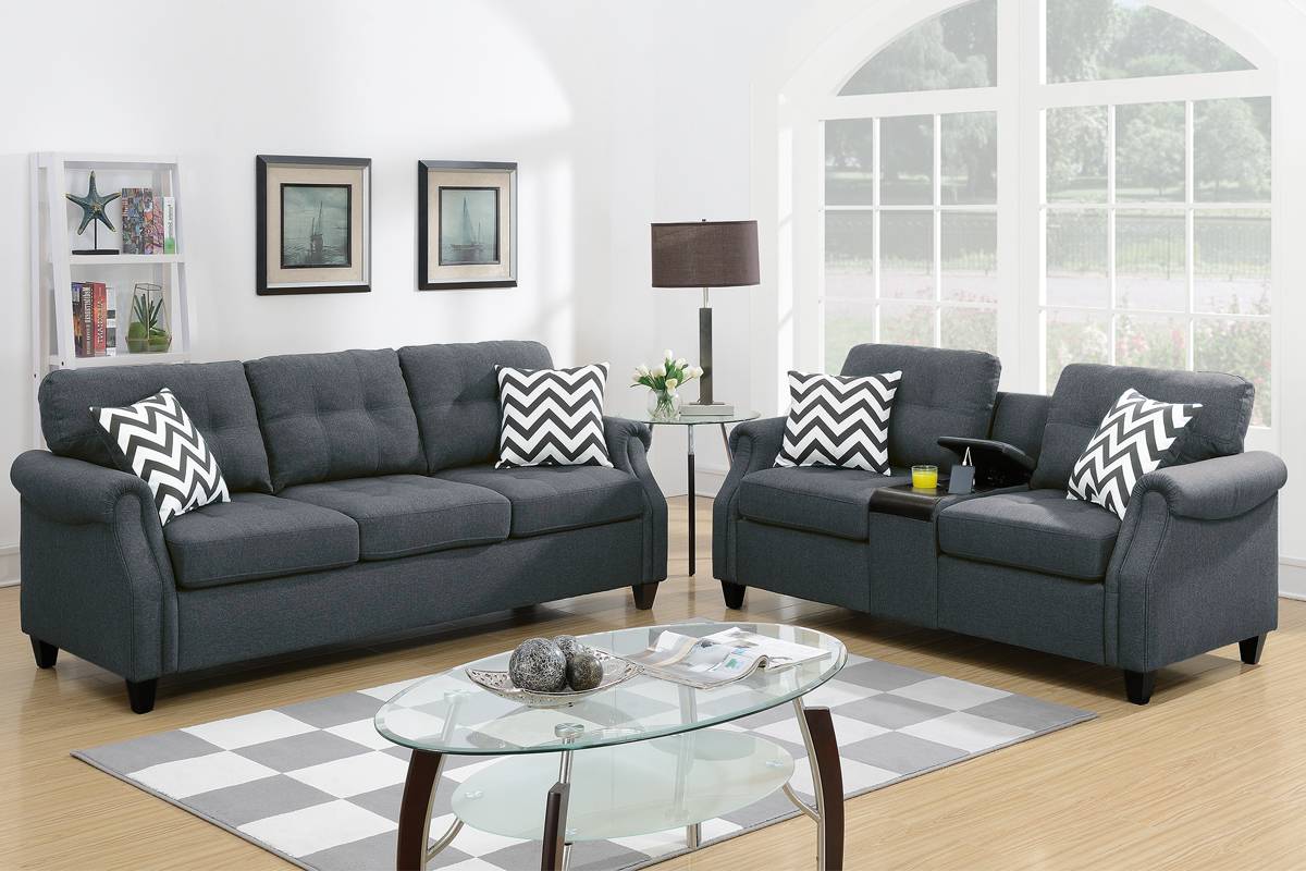 Hillary 2-Piece Sofa and Loveseat Set w/ USB Console, Slate Linenette