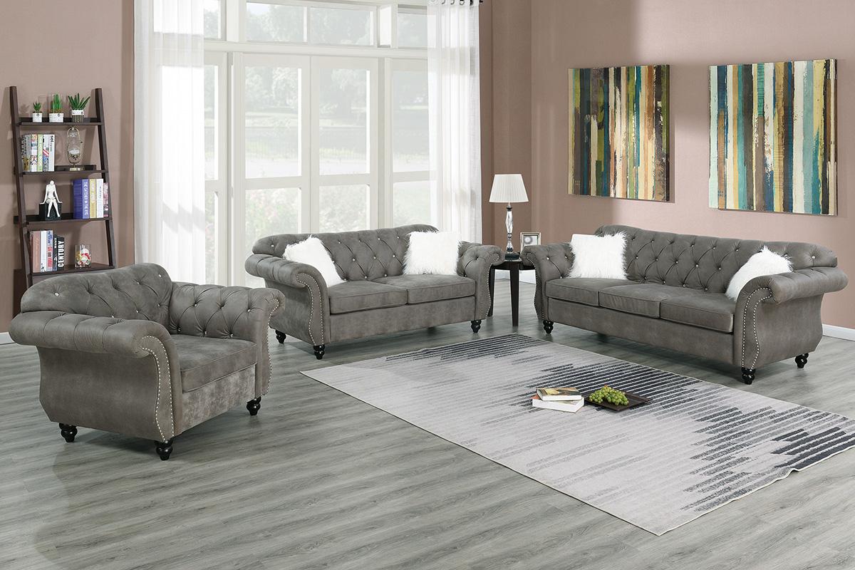 Crystal 3-Piece Sofa, Loveseat and Accent Chair Set, Weathered Gray Leatherette