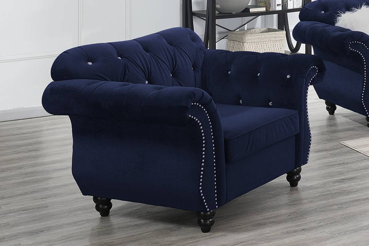 Crystal 3-Piece Sofa, Loveseat and Accent Chair Set, Indigo Velvet