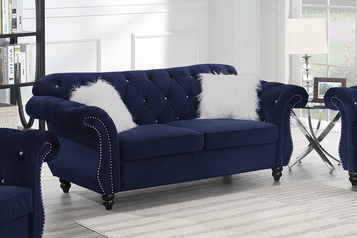 Crystal 3-Piece Sofa, Loveseat and Accent Chair Set, Indigo Velvet