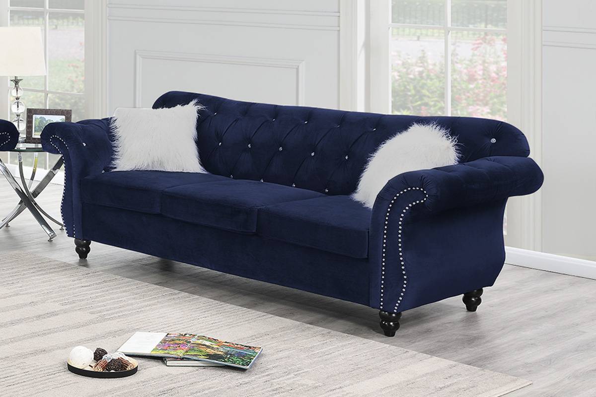 Crystal 3-Piece Sofa, Loveseat and Accent Chair Set, Indigo Velvet