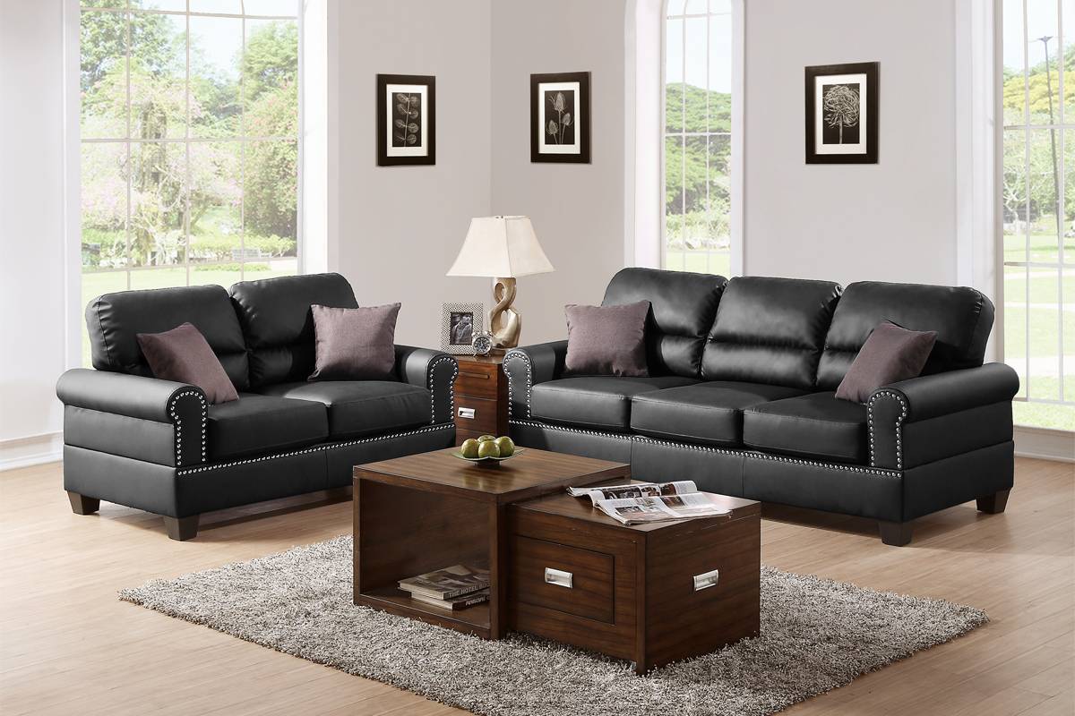 Paula 2-Piece Sofa and Loveseat Set, Black Faux Leather
