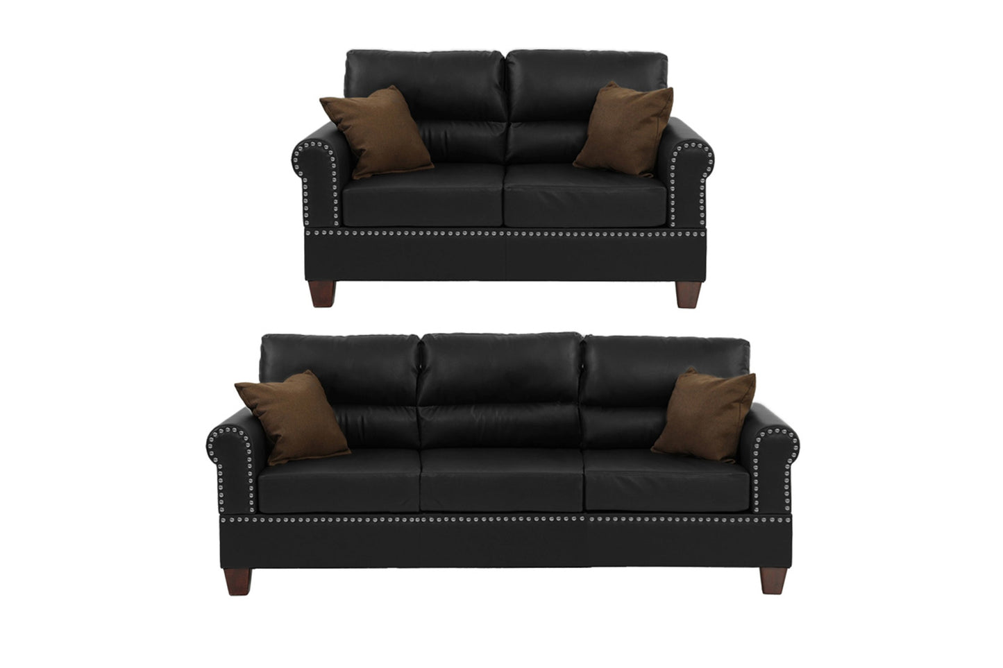 Paula 2-Piece Sofa and Loveseat Set, Black Faux Leather