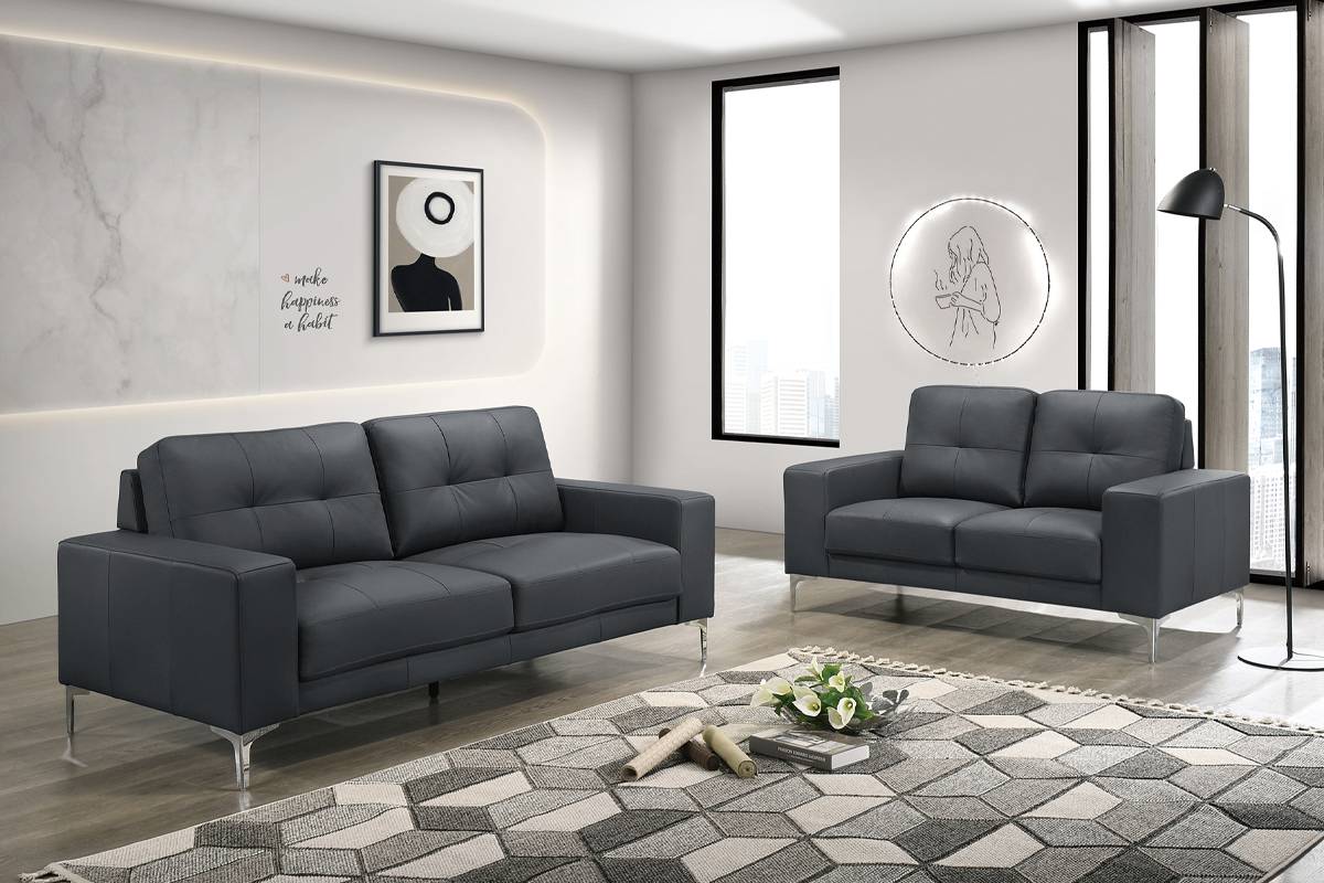 Lex 2-Piece Sofa and Loveseat Set, Black Leather