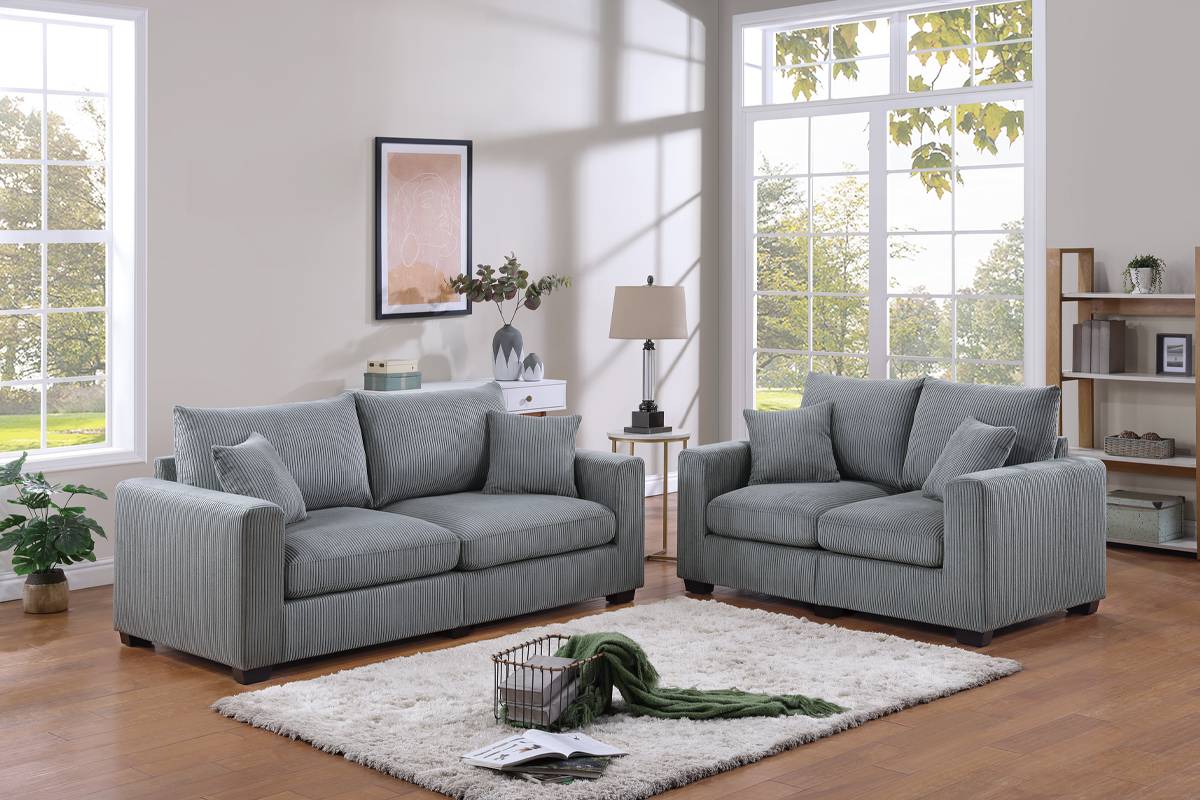 Raymond 2-Piece Sofa and Loveseat Set, Light Gray Corduroy