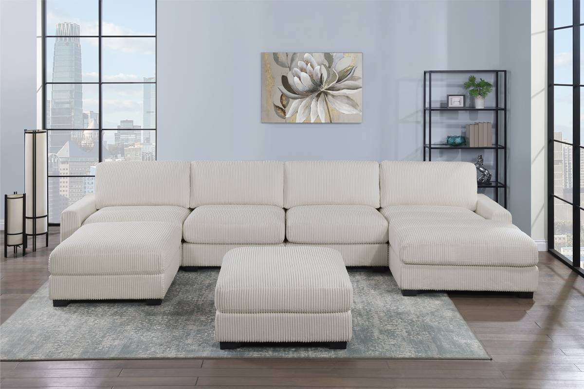Winston 6-Piece U-Shaped Modular Sectional w/ Ottoman, Ivory Corduroy