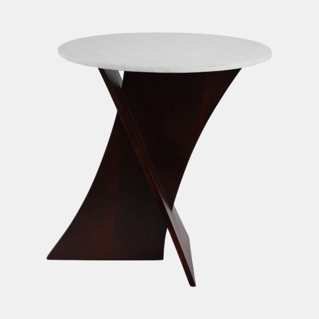 Criss Cross End Table, Espresso Acacia Wood w/ White Marble