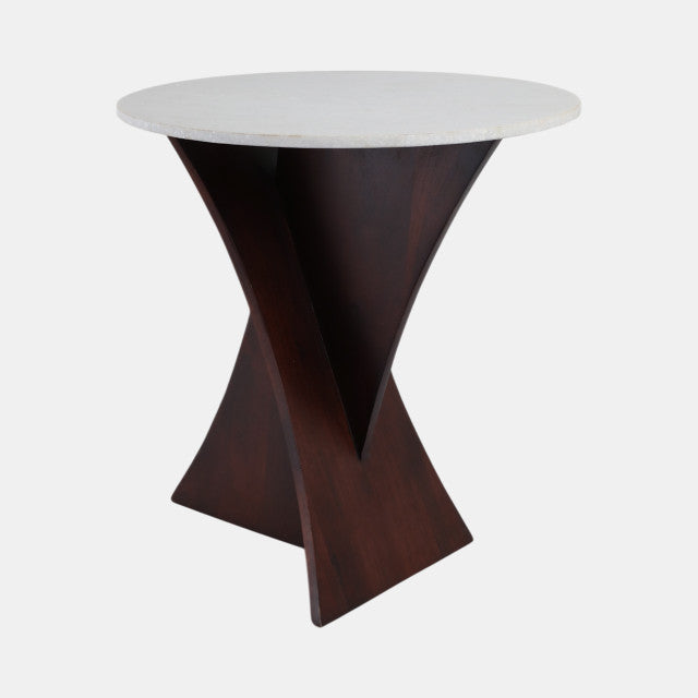Criss Cross End Table, Espresso Acacia Wood w/ White Marble