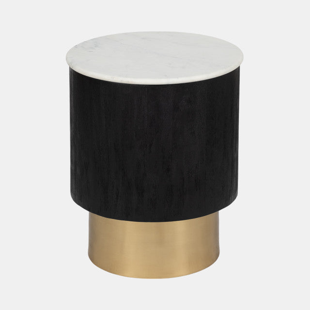 Drum Pedestal End Table, Black w/ White Marble and Golden Base
