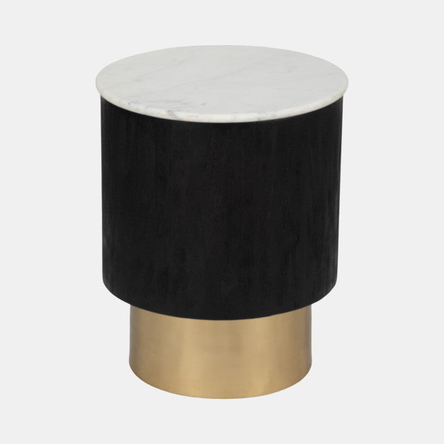Drum Pedestal End Table, Black w/ White Marble and Golden Base