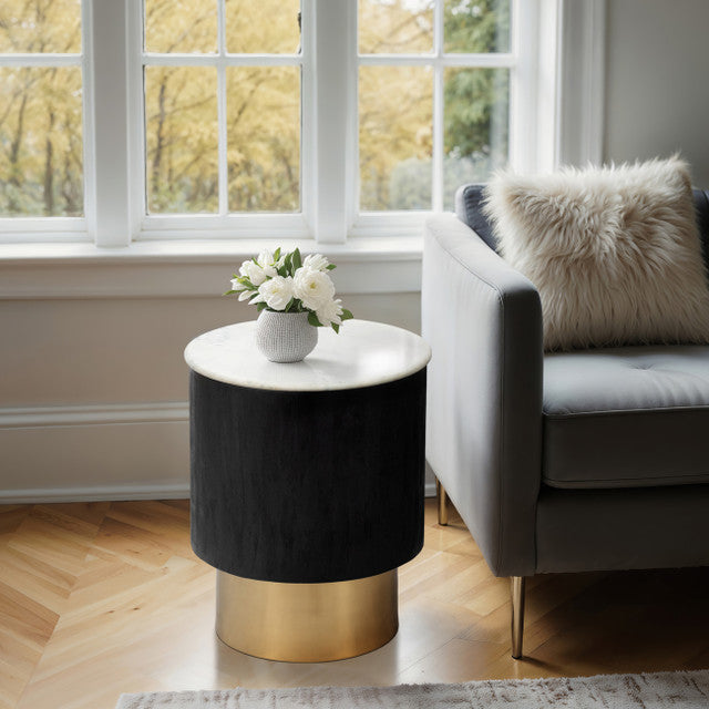 Drum Pedestal End Table, Black w/ White Marble and Golden Base