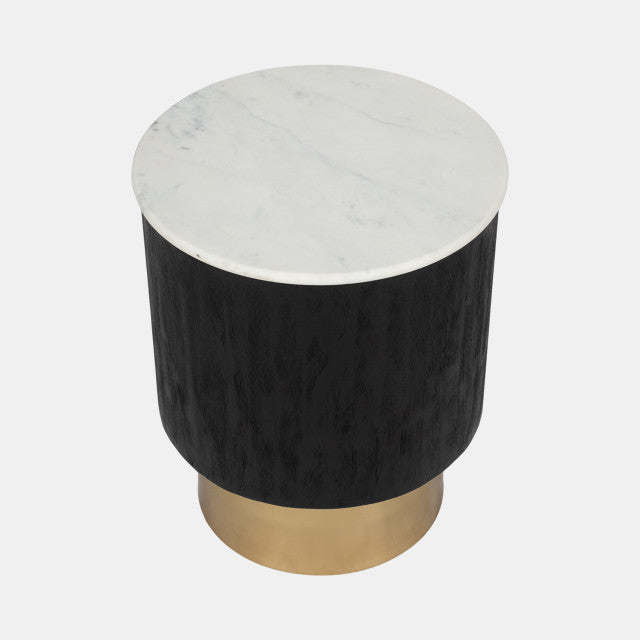 Drum Pedestal End Table, Black w/ White Marble and Golden Base