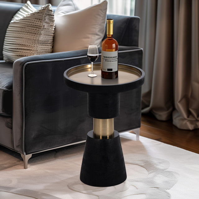 Banded Metal Side Table, Mango Wood, Black w/ Golden Accents