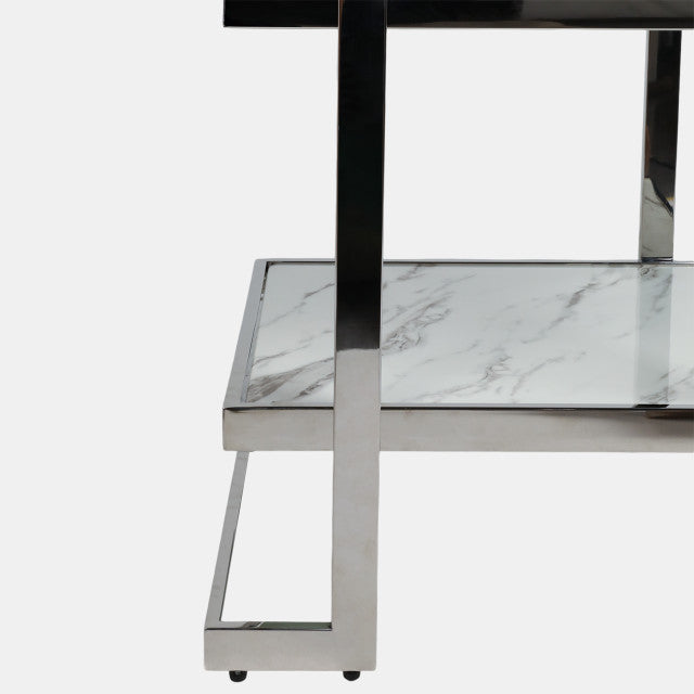 Geometric End Table, Stainless Steel w/ White Marble and Glass