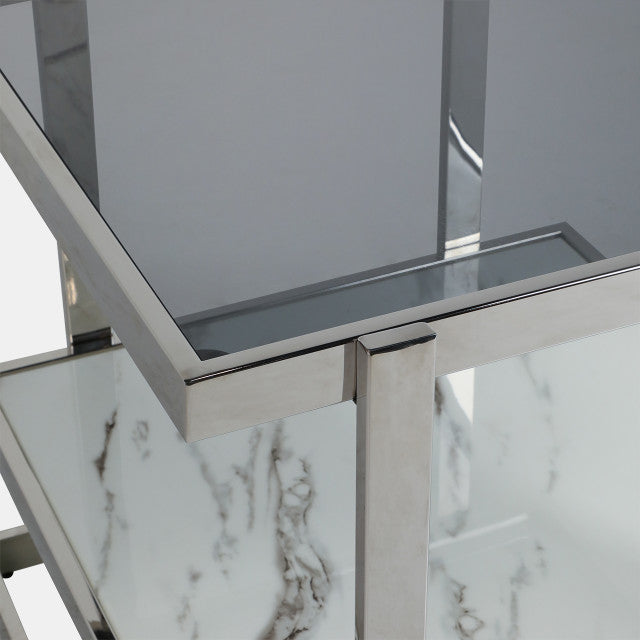 Geometric End Table, Stainless Steel w/ White Marble and Glass