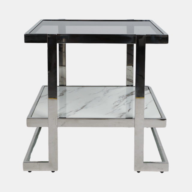 Geometric End Table, Stainless Steel w/ White Marble and Glass