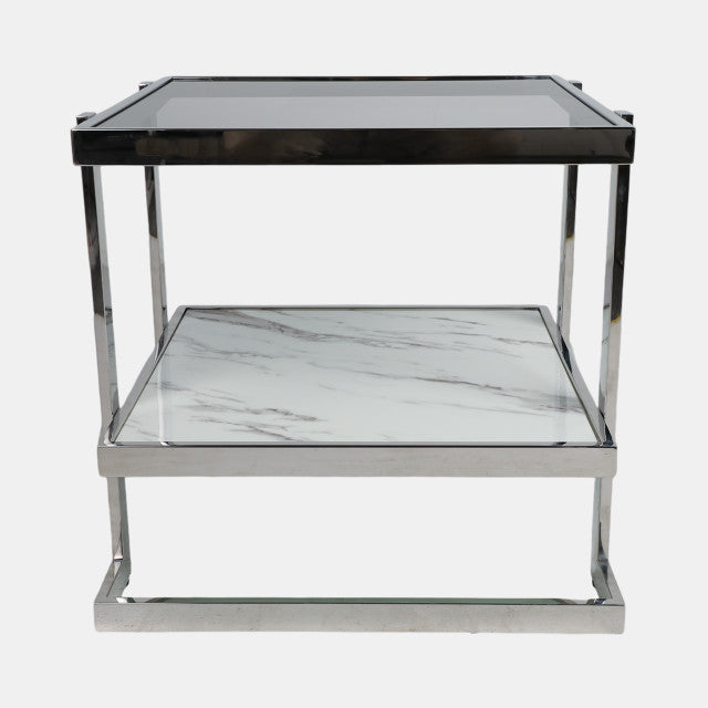 Geometric End Table, Stainless Steel w/ White Marble and Glass