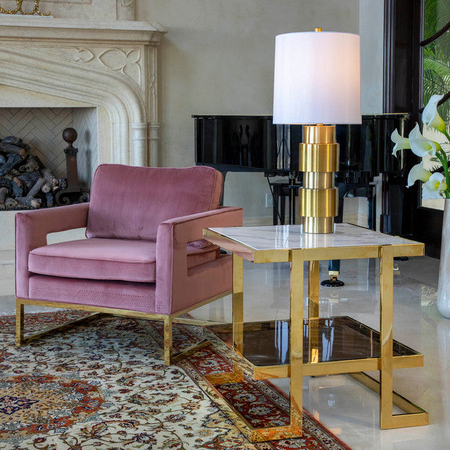 Geometric End Table, Golden Stainless Steel w/ White Marble and Glass