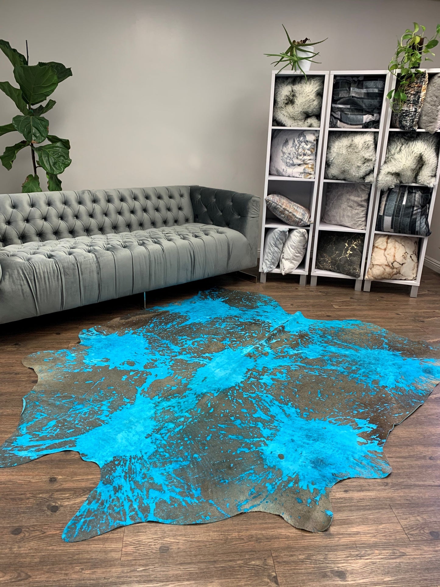Authentic Leather Hides, Cowhide Area Rug, Distressed Aqua Blue