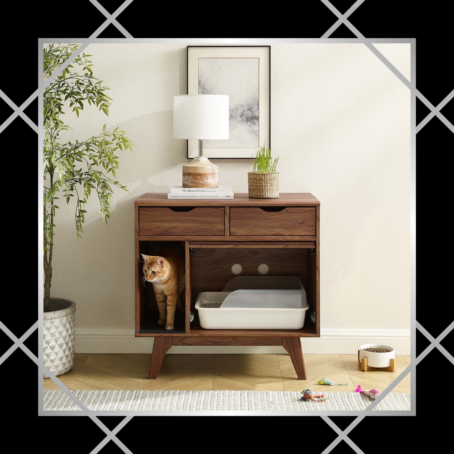 Feline Furnishings: Designed with both cats and their owners in mind, our innovative and thoughtfully crafted pieces like litter box cabinets and cozy beds seamlessly integrate into your home decor.