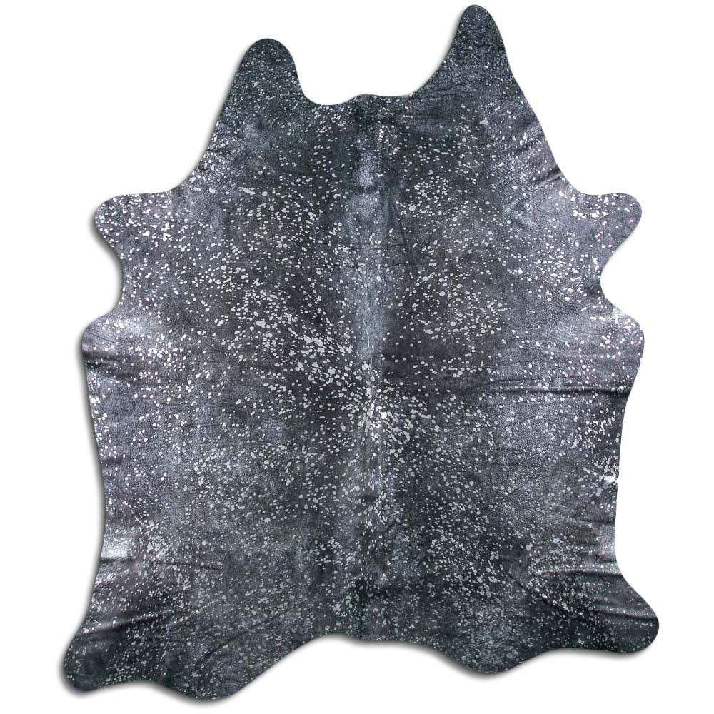 Authentic Leather Hides, Cowhide Area Rug, Black & Metallic Silver