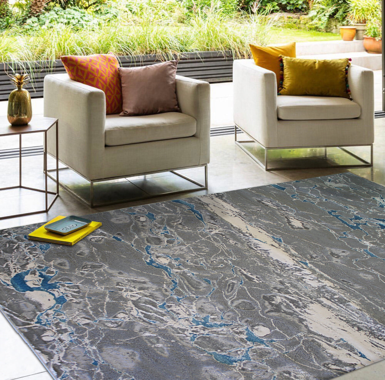 Maximus Dwindling Rivers Indoor | Outdoor Area Rug, Blue & Platinum