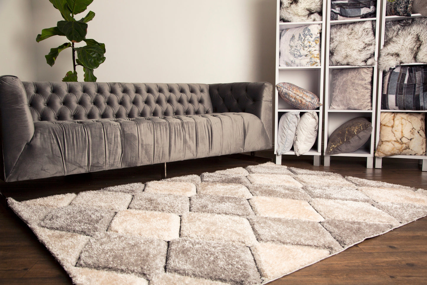 Sorrento 3D Lattice Link Shag Area Rug, Silver