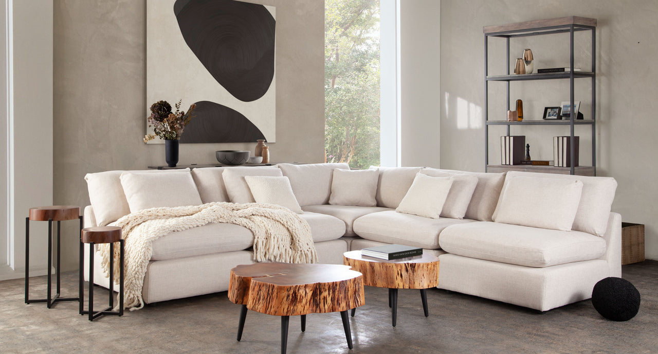 Eden 5 Piece Fabric Modular Armless Corner Sectional, Cream