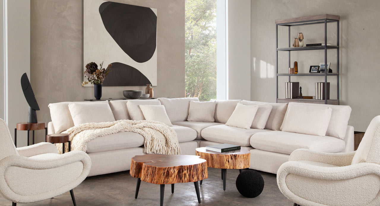 Eden 5 Piece Fabric Modular Armless Corner Sectional, Cream