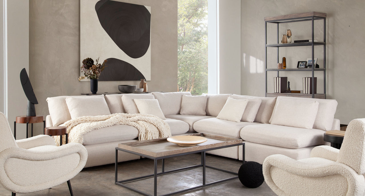 Eden 5 Piece Fabric Modular Armless Corner Sectional, Cream