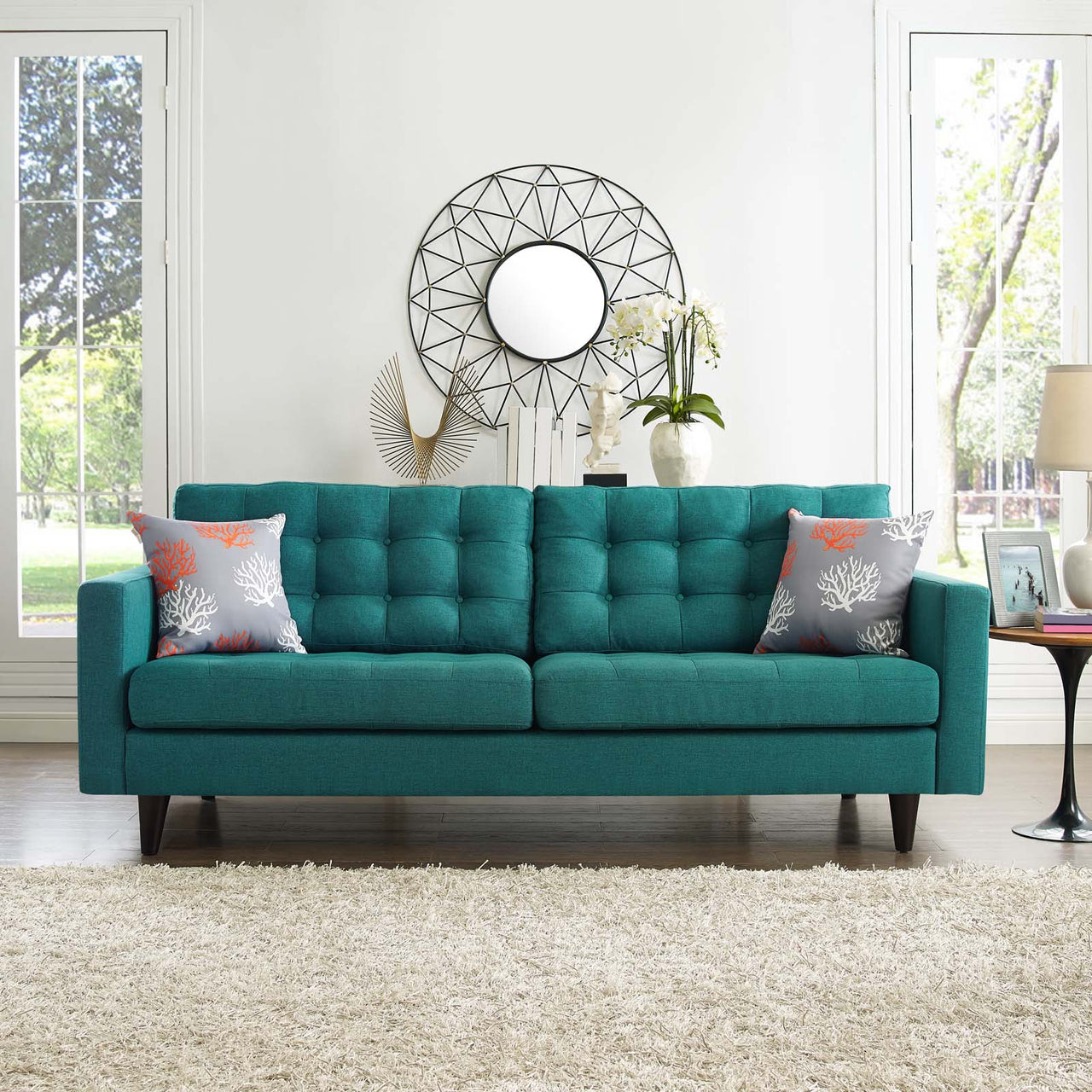 Empress Upholstered Fabric Sofa, Teal