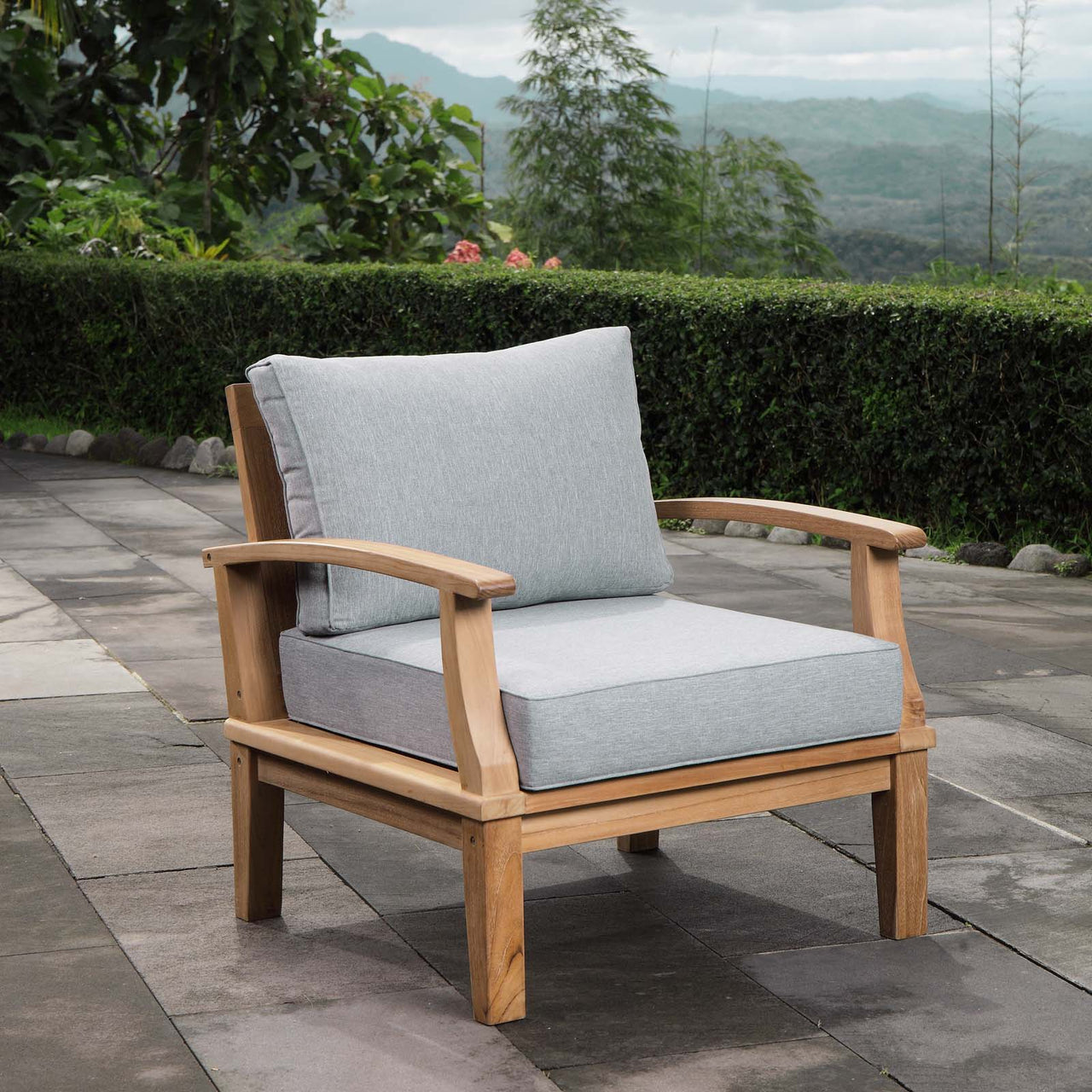 Marina Outdoor Patio Teak Armchair, Natural Wood & Gray