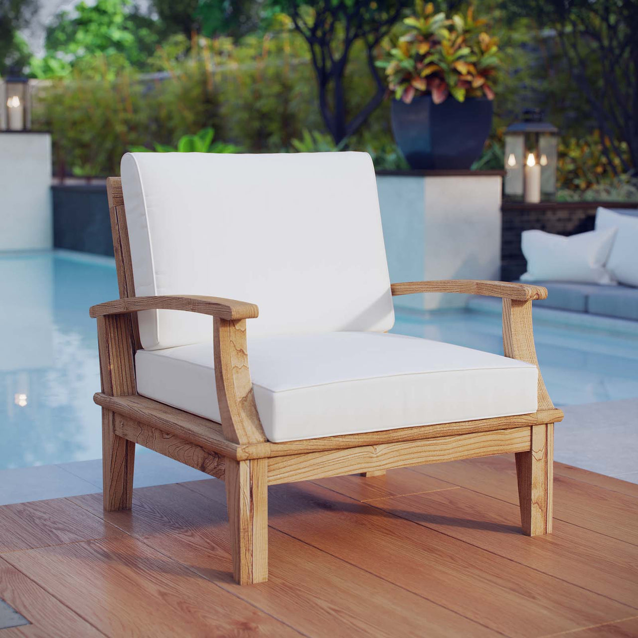 Marina Outdoor Patio Teak Armchair, Natural Wood & White