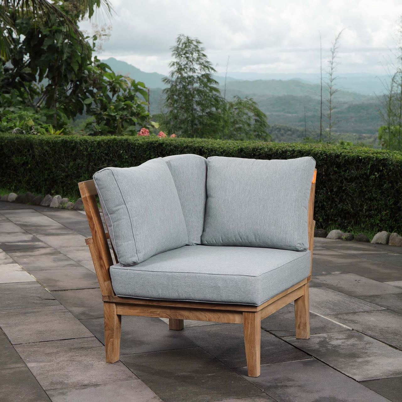Marina Outdoor Patio Teak Corner Chair | Outdoor Modular Sectional Component, Natural Wood & Gray
