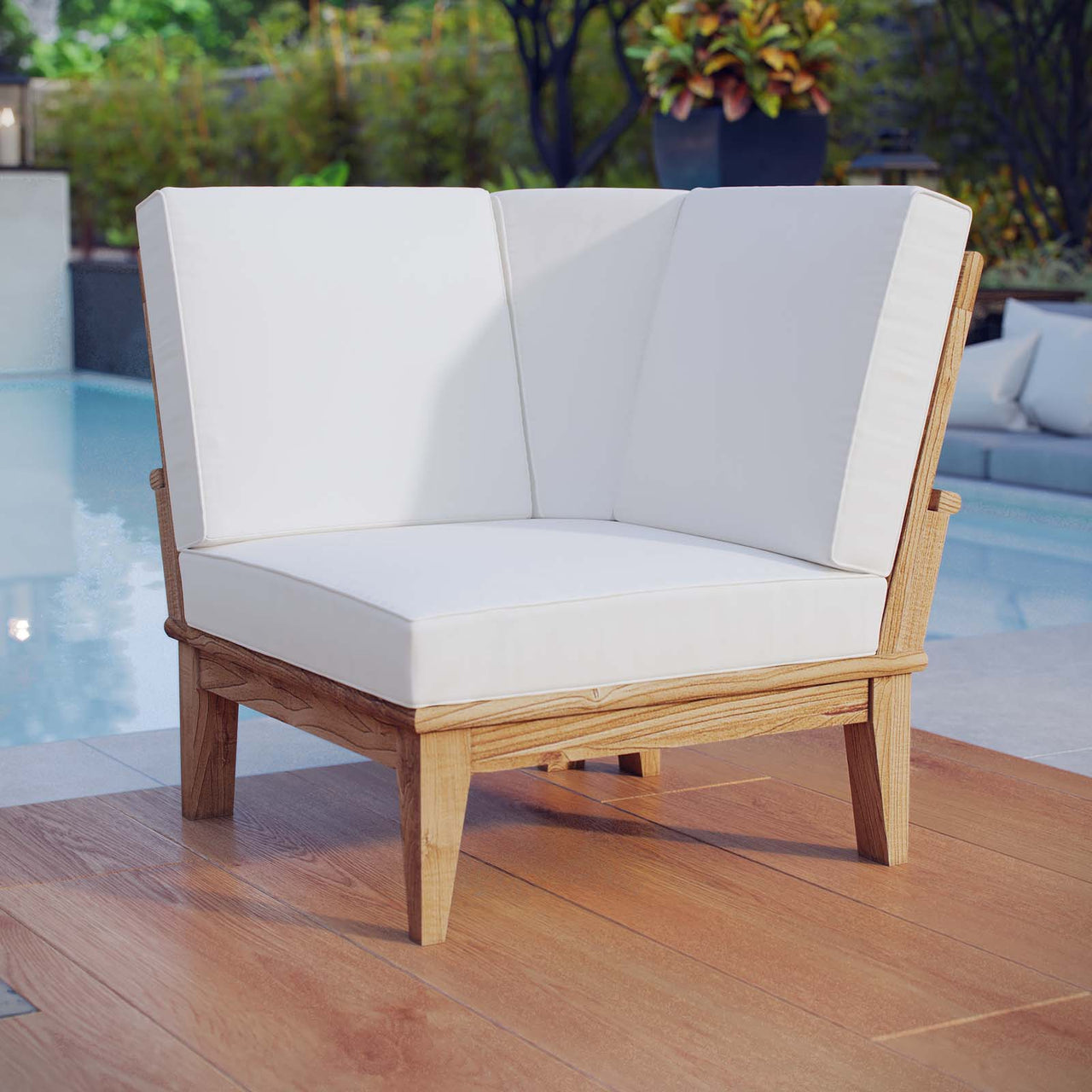Marina Outdoor Patio Teak Corner Chair | Outdoor Modular Sectional Component, Natural Wood & White
