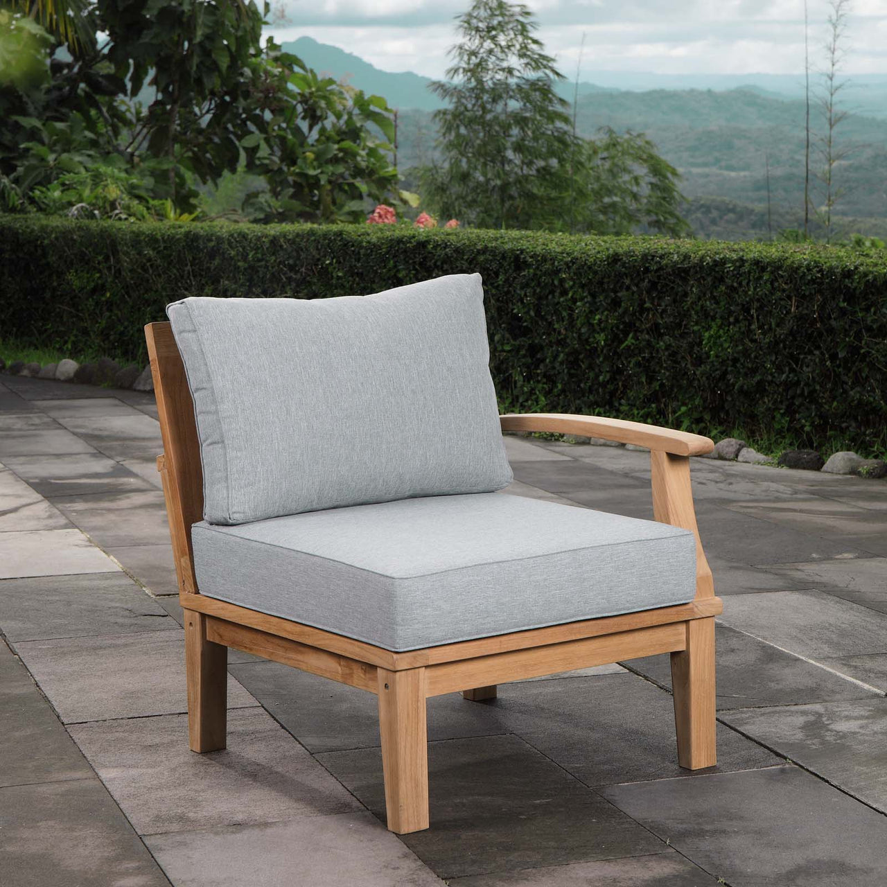 Marina Outdoor Patio Teak Right-Facing Chair | Outdoor Modular Sectional Component, Natural Wood & Gray