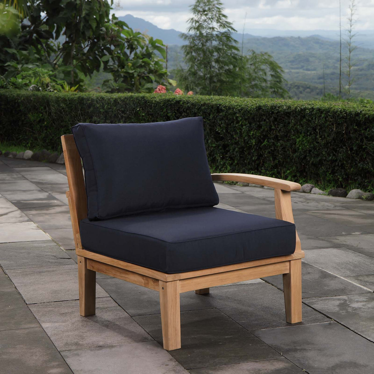 Marina Outdoor Patio Teak Right-Facing Chair | Outdoor Modular Sectional Component, Natural Wood & Navy