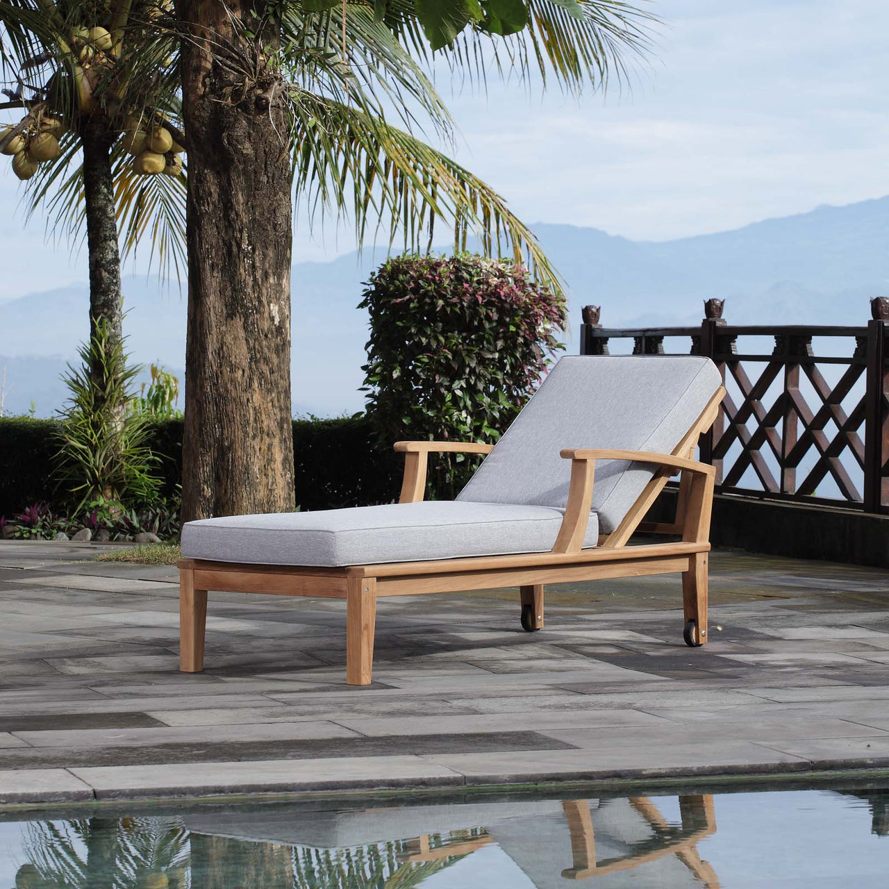 Marina Outdoor Patio Teak Single Chaise, Natural Wood & Gray