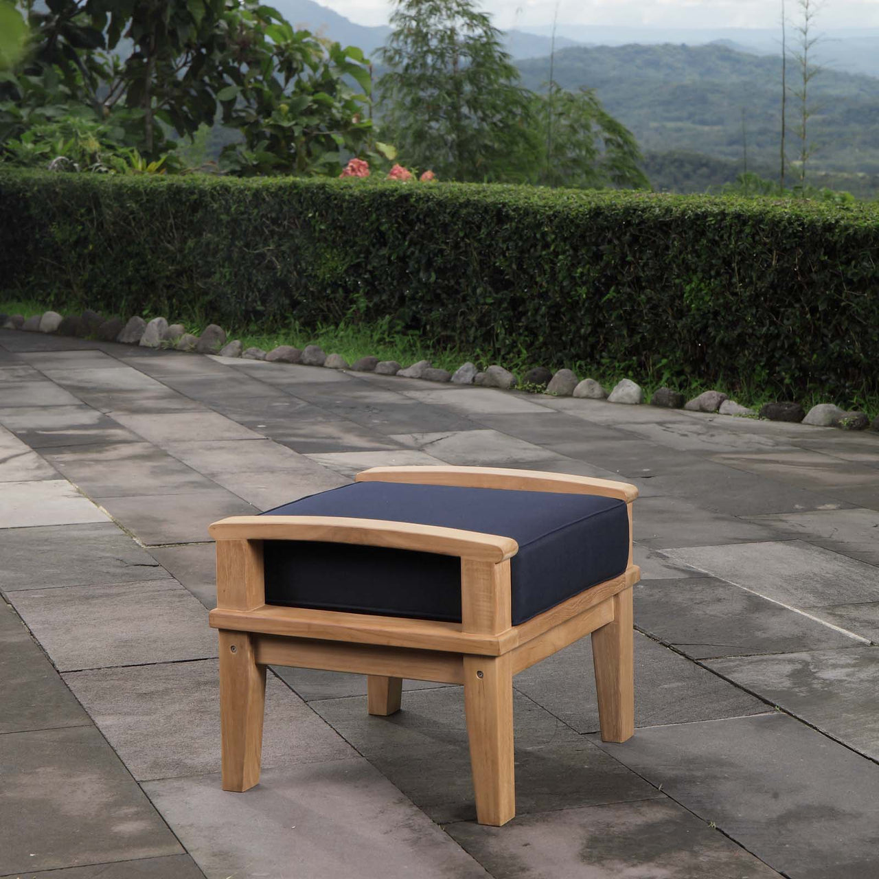 Shorehaven Alfresco Ottoman, Natural Wood & Navy