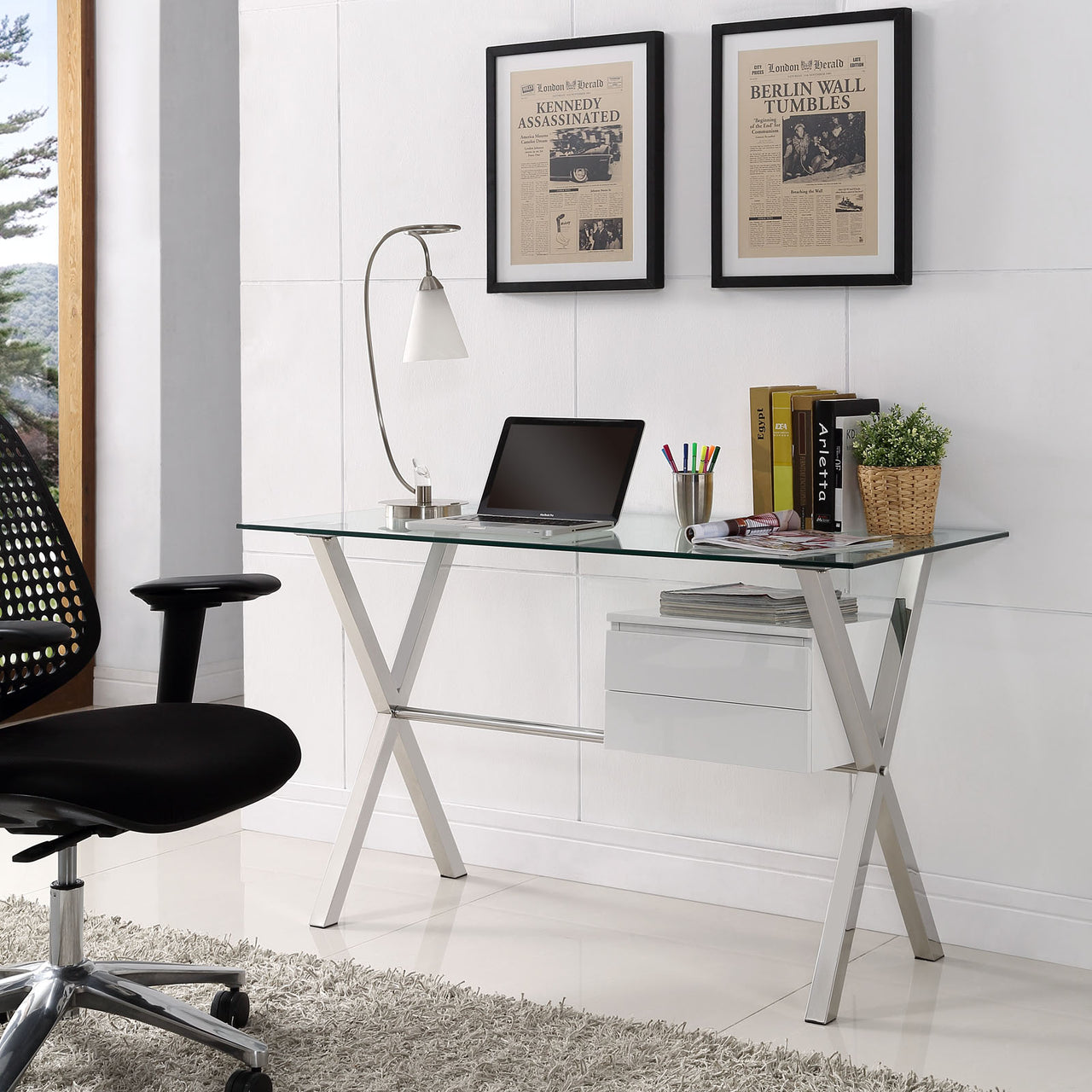 Stasis Glass Top Office Desk, White
