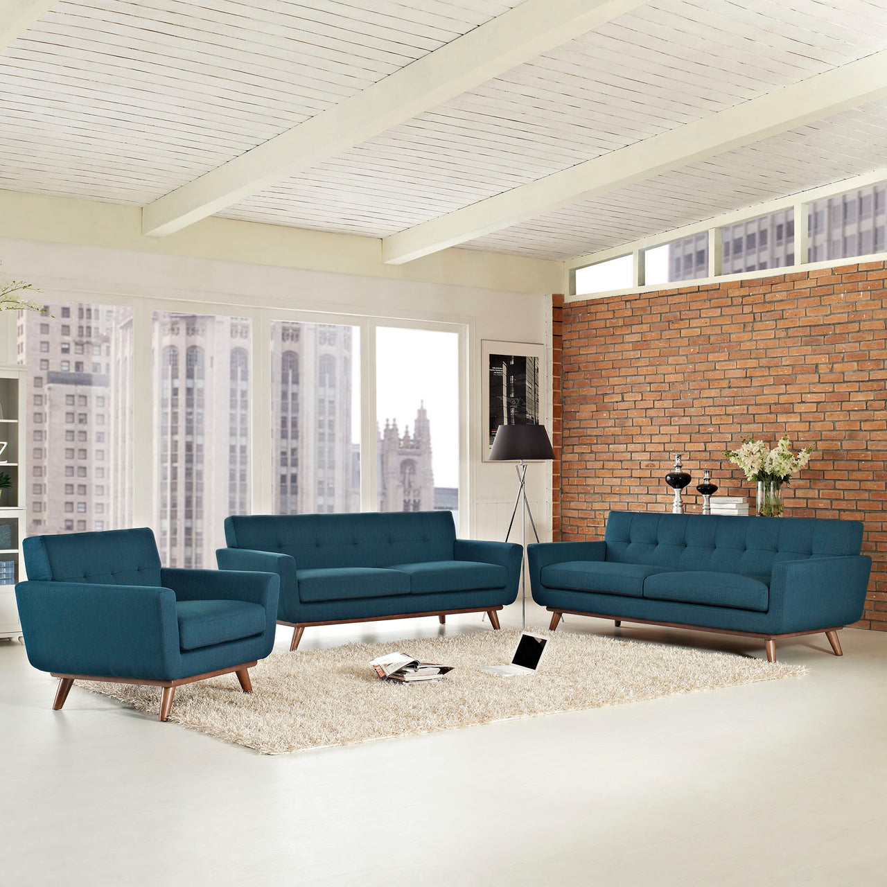 Rendezvous Sofa Loveseat and Armchair Set of 3, Azure