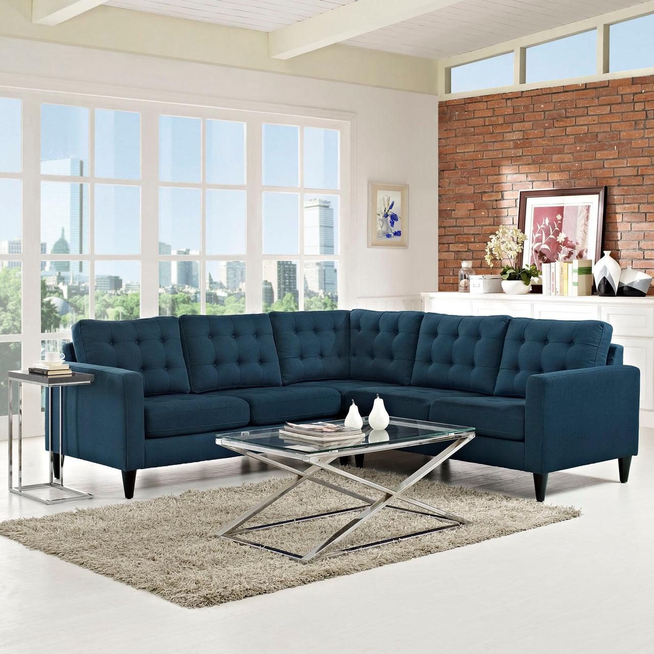 Dynasty 3-Piece Fabric Sectional Sofa Set, Azure