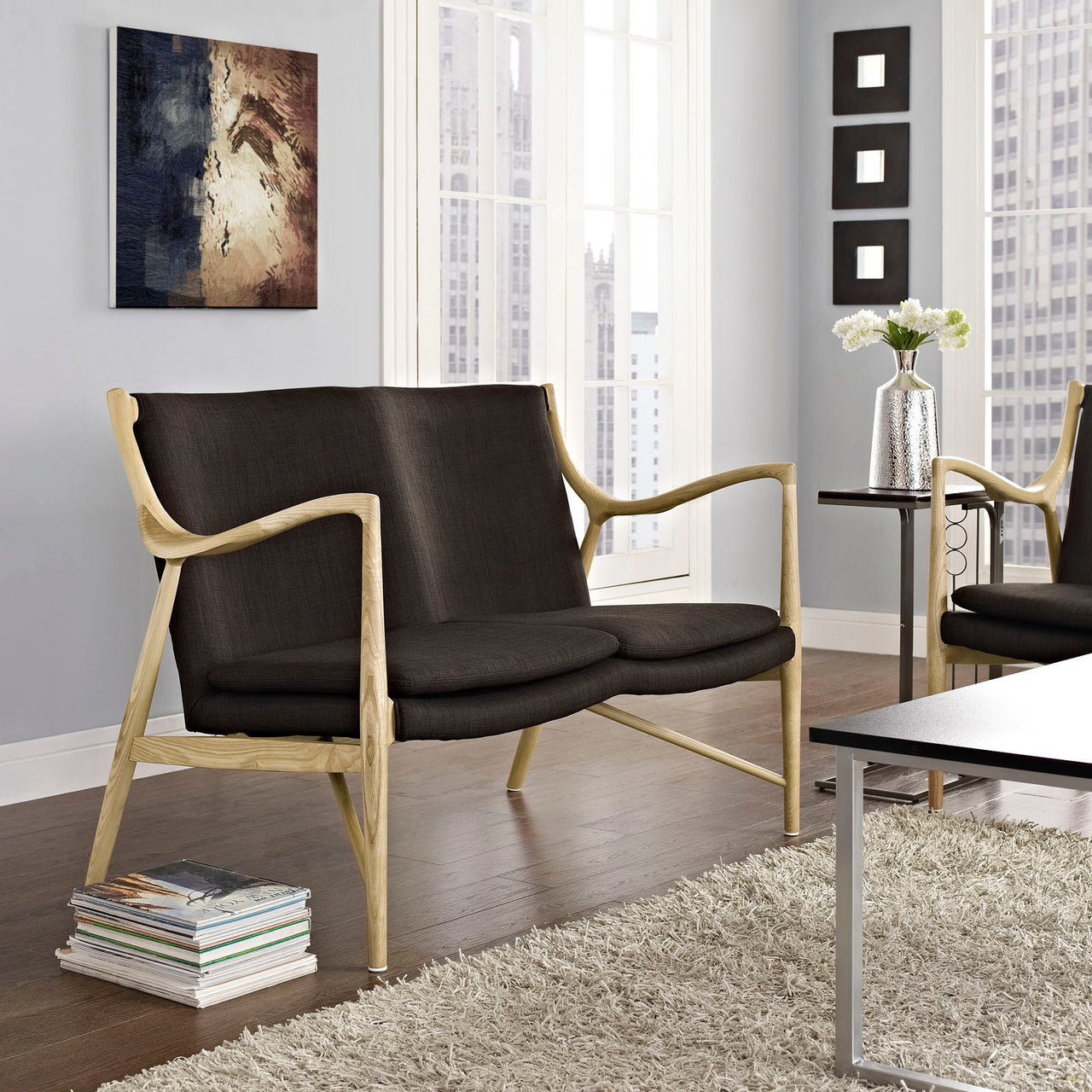 Duet Fabric Loveseat, Natural Wood & Brown