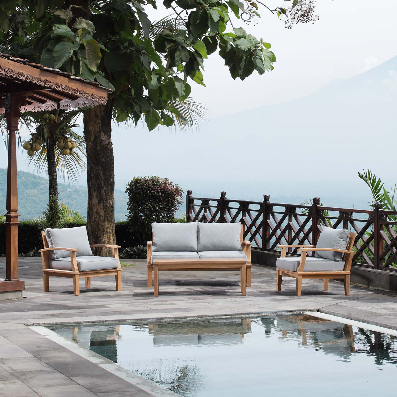 Shorehaven 4-Piece Alfresco Lounging Set, Natural Wood & Gray