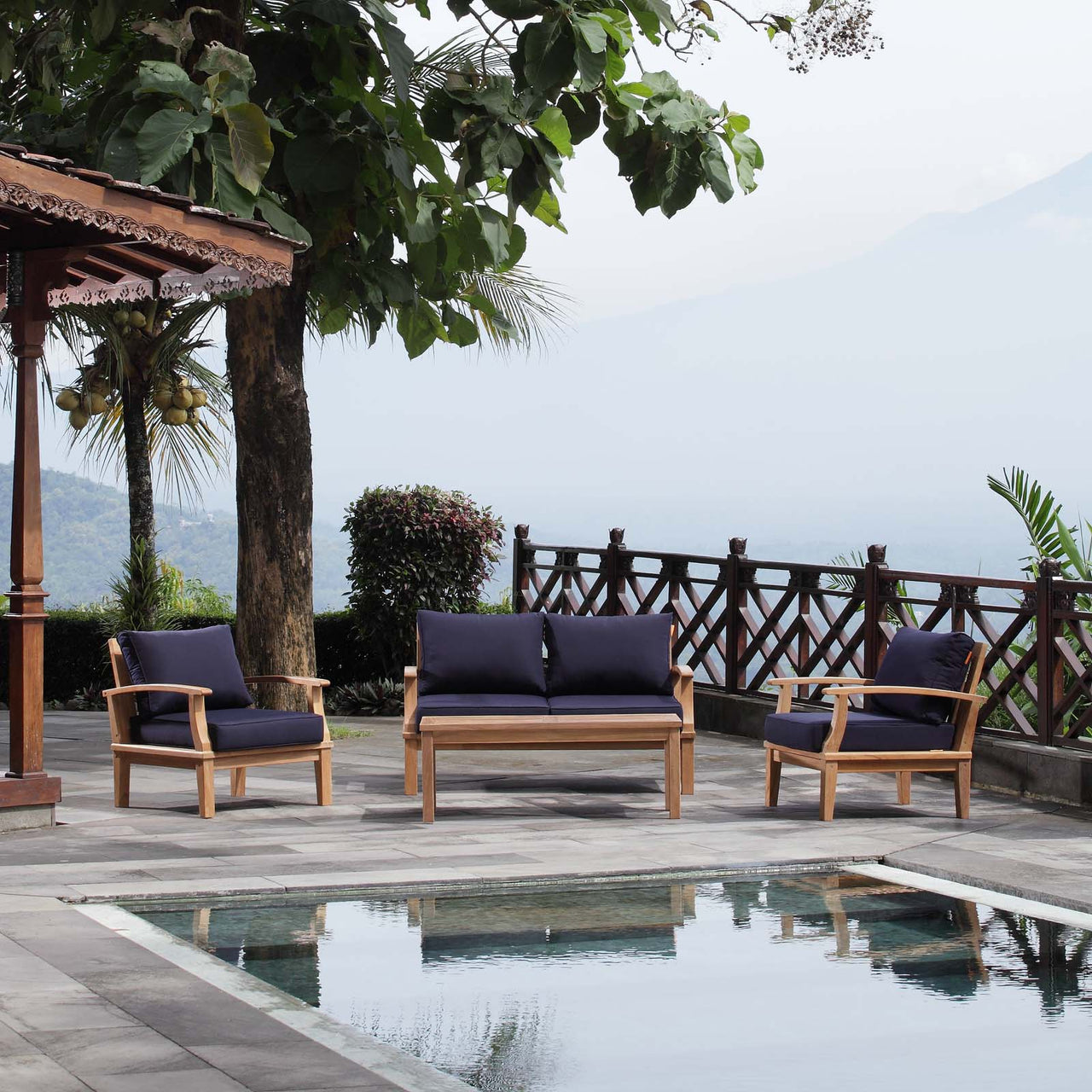 Marina 4 Piece Outdoor Patio Teak Set, Natural Wood & Navy