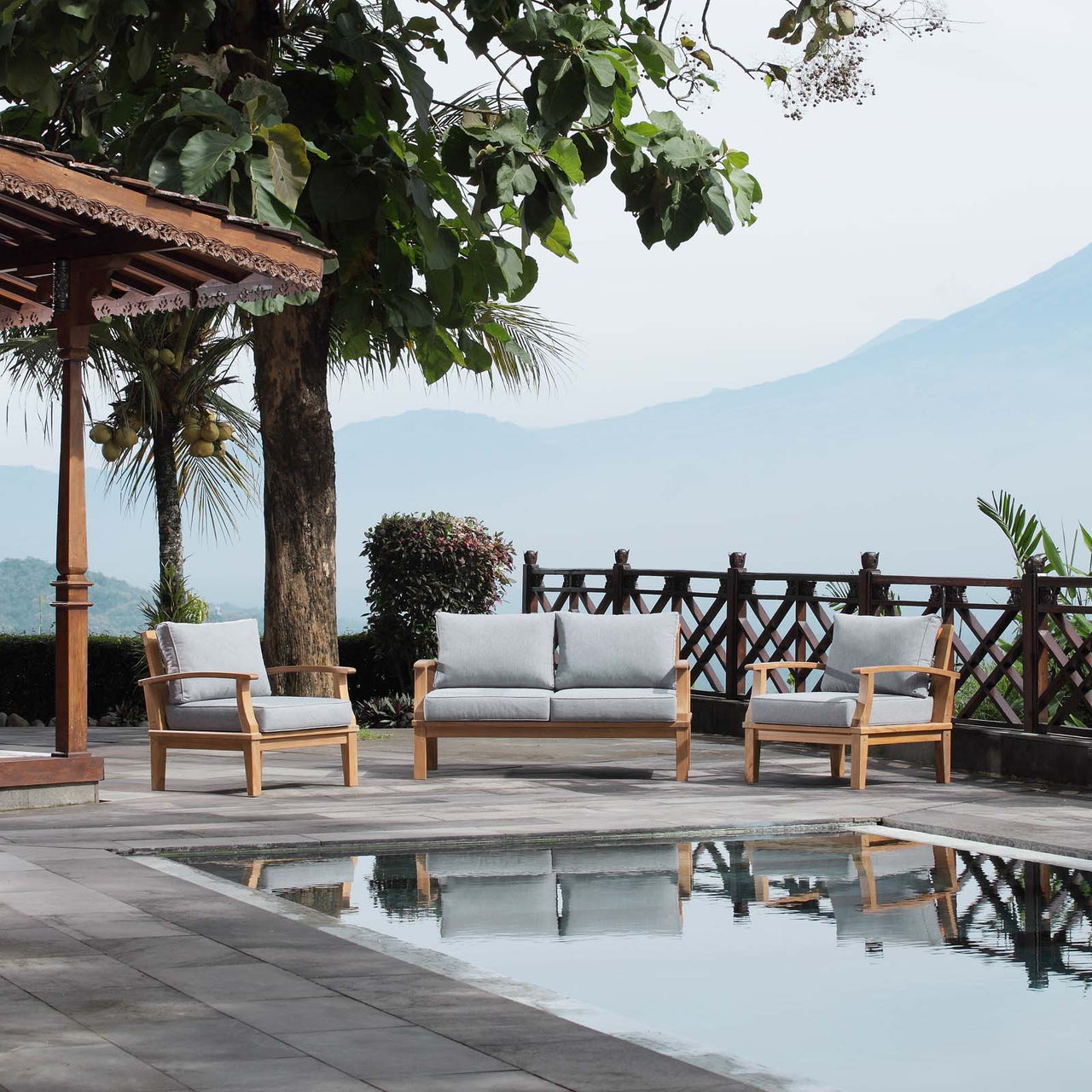 Shorehaven 3-Piece Alfresco Lounging Set, Natural Wood & Gray